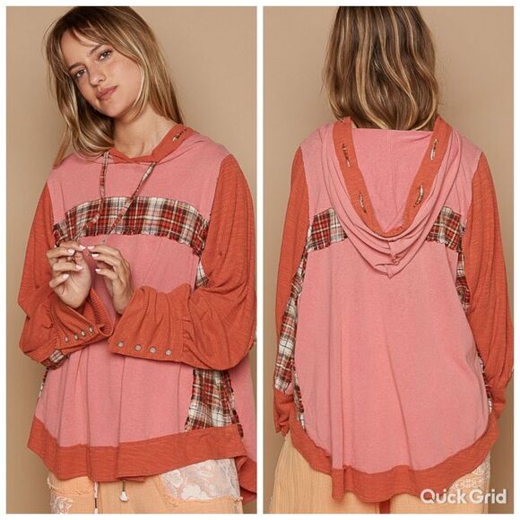 POL USA Oversized Drawstring Long Sleeve Hoodie Plaid Detail Button Sleeve sz Sm - Picture 1 of 7